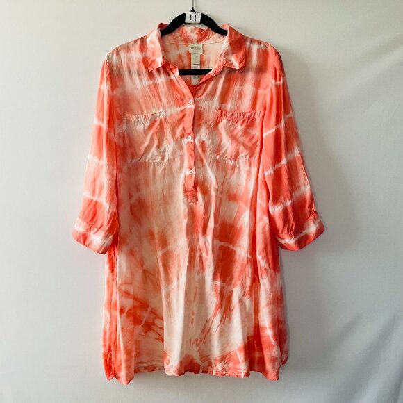 Chico's Womens Orange Tie Dye Print Side Slit Tunic Blouse Top Size 2 US Large - Picture 1 of 9